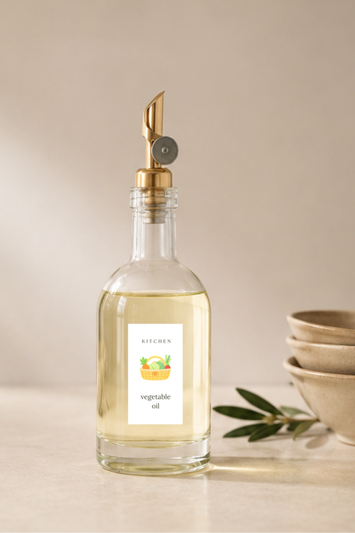 Minimal oil bottle label on glass kitchen bottle